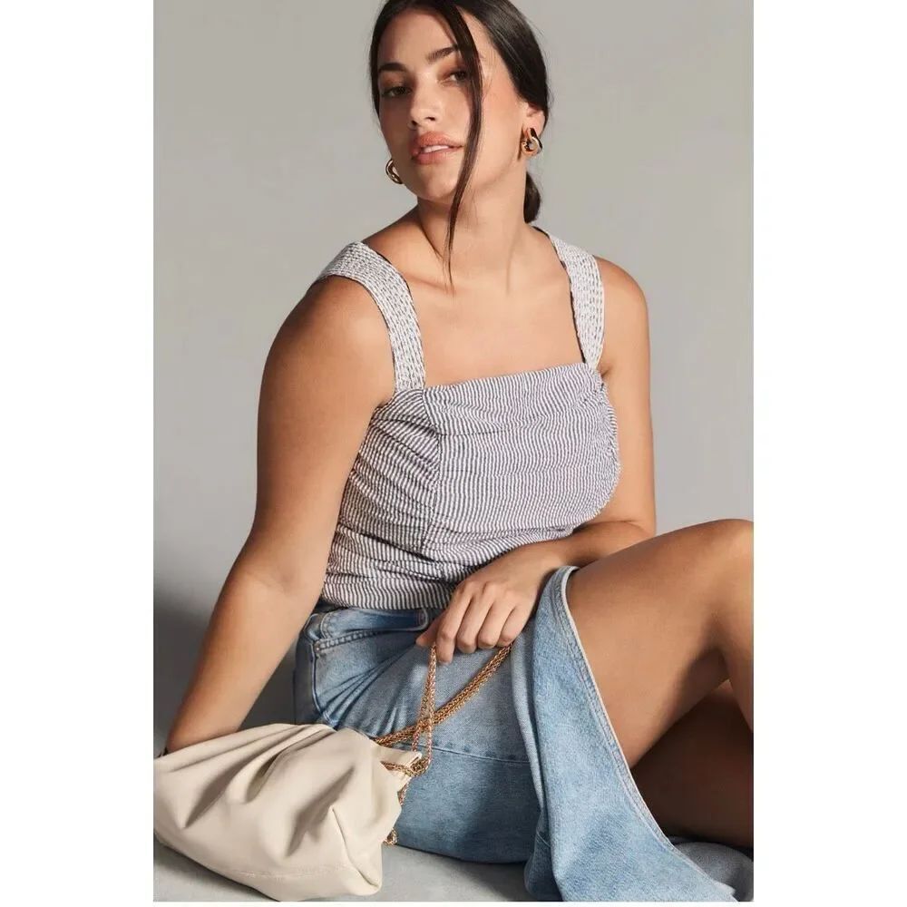 Anthropologie Pilcro Gray & White Seersucker Stripe Ruched Tank sz 2X EUC